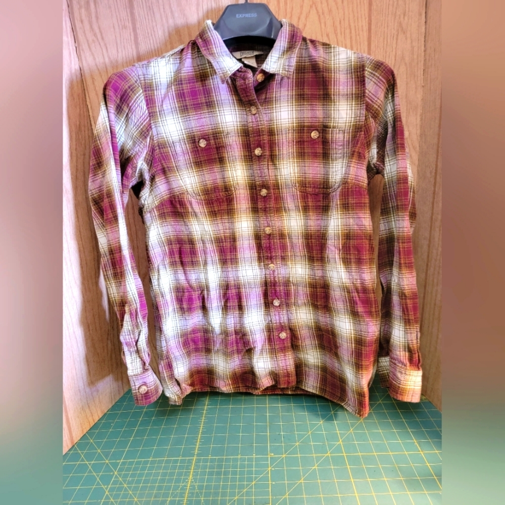 Duluth Trading Co Lightweight Cotton Flannel Shirt Mens Sz Small Brown Plaid